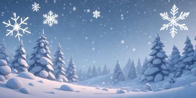 The primary subject of the image is a snowy landscape with a sky full of snowflakes. The setting is a snowy field with trees in the background. The visual style is a digital art or illustration, creating a serene and wintry atmosphere. The colors are predominantly white, with the snowflakes adding a touch of blue and other colors.